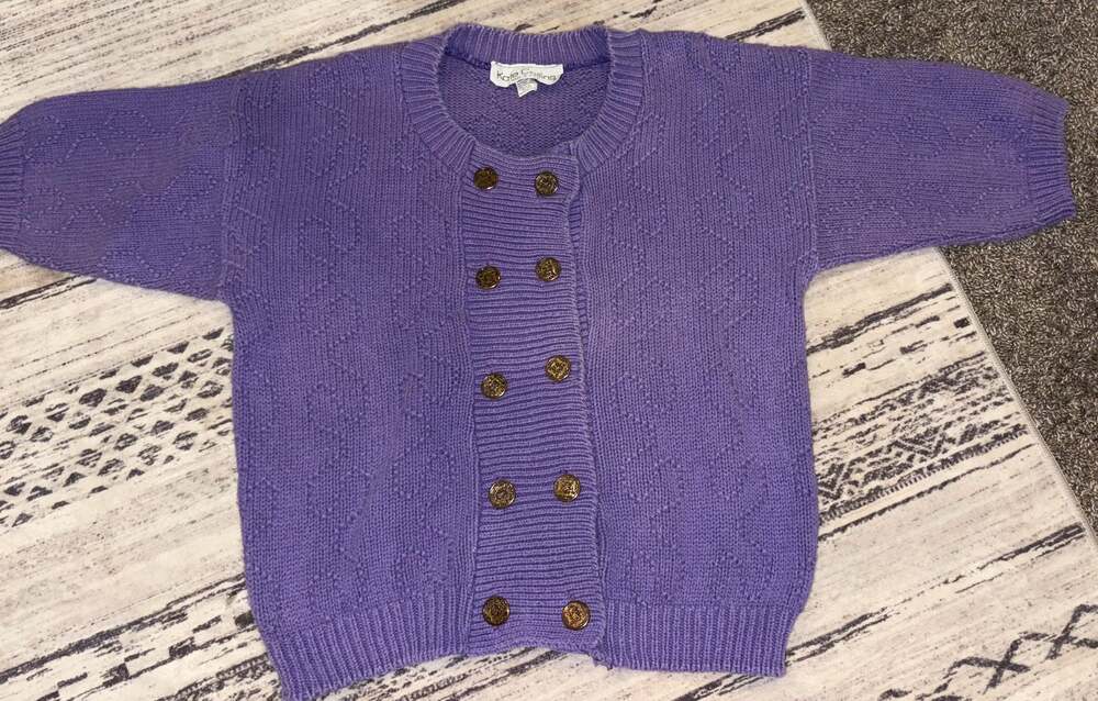 Vintage Kate Collins Purple Cable Knit Double Breasted Cardigan Sweater with Cre